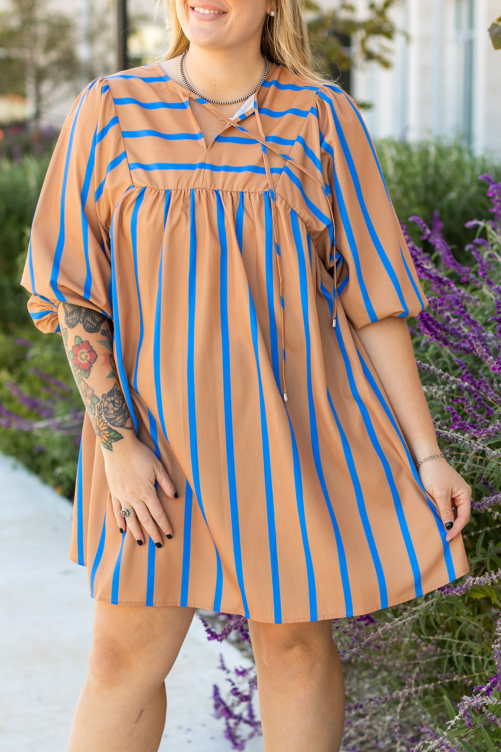 Kaki streep contrast gestreepte print 3/4 mouw babydoll plus size jurk