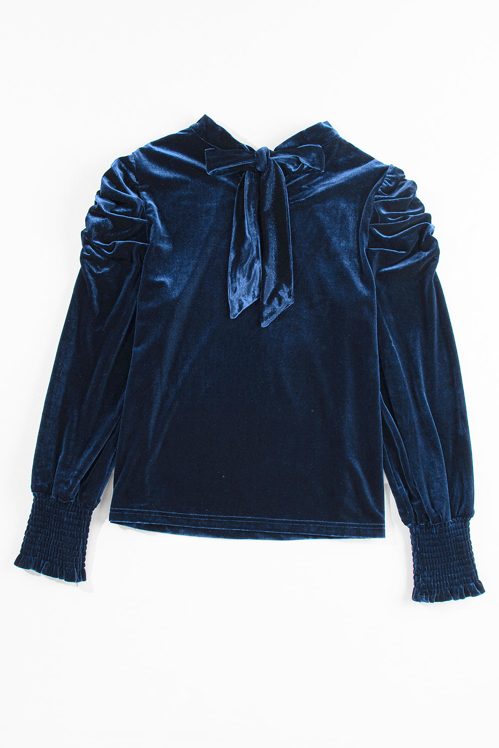Marineblauwe fluwelen blouse met nephals en pofmouwen