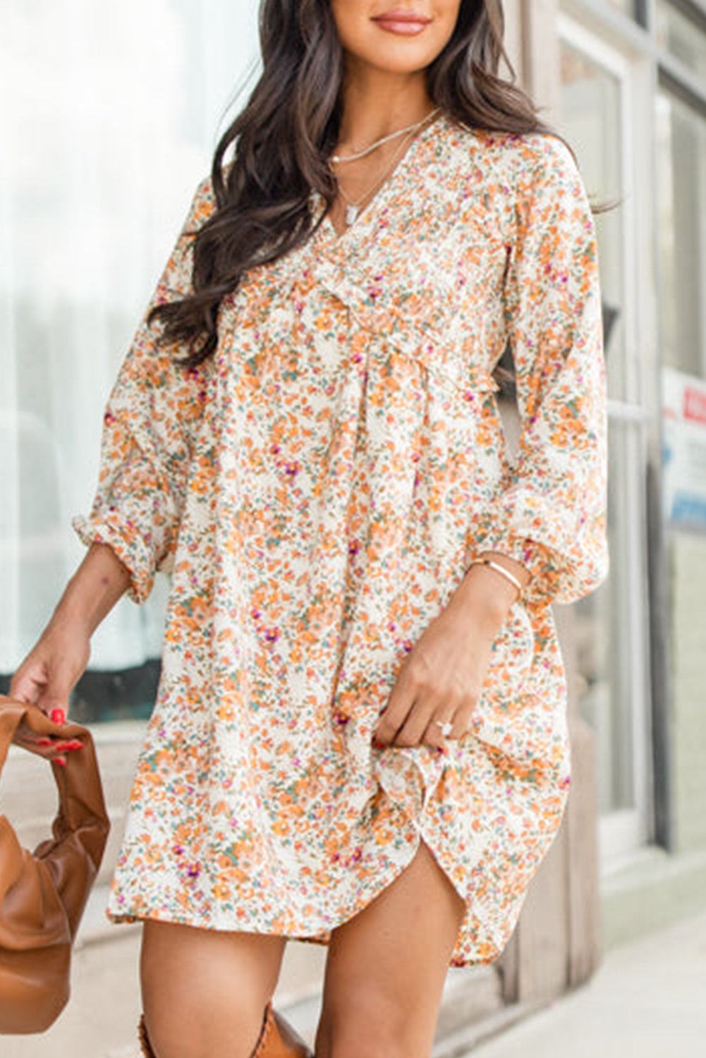 Yellow Boho Floral V Neck Ruffled Empire Taille Mini -jurk met lange mouwen