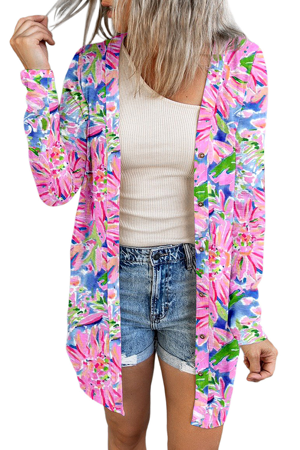 Roze bloemenprint vest met lange mouwen en knopen