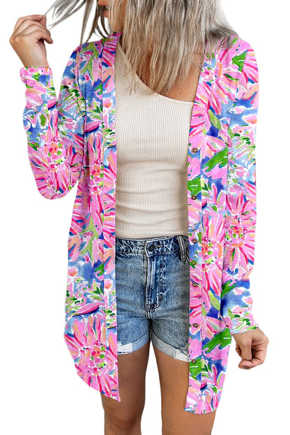 Roze bloemenprint vest met lange mouwen en knopen