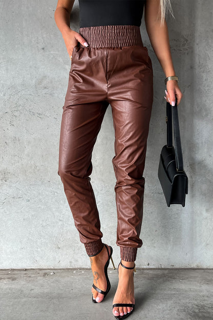 Bruine gesmokte leren skinny broek met hoge taille