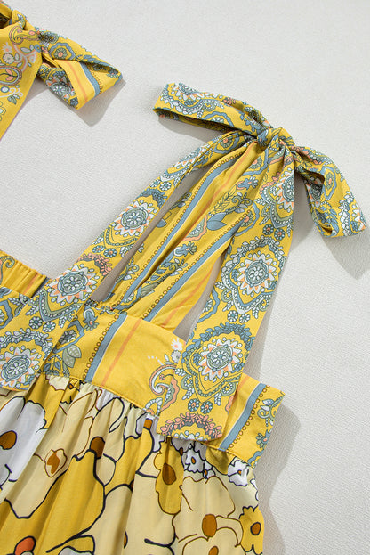 Gele bloemen patchwork tanktop met vastgebonden bandjes en knopen