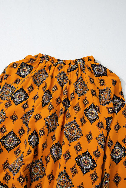 Oranje westerse geometrische print gelaagde frisdress los fit midi -jurk