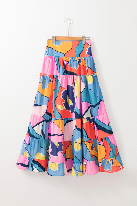 Roze bedrukte maxi-rok met hoge taille en zakken