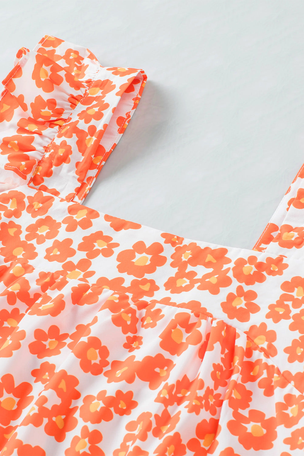 Oranje tanktop met ruches met vierkante hals en bloemenprint