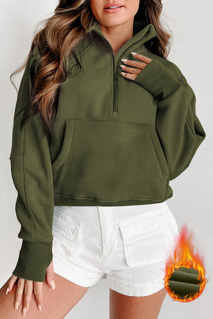 Smoke Green Fleece Lined Zip Up Stand Collar Thumbhole Sleeve Sweatshirt