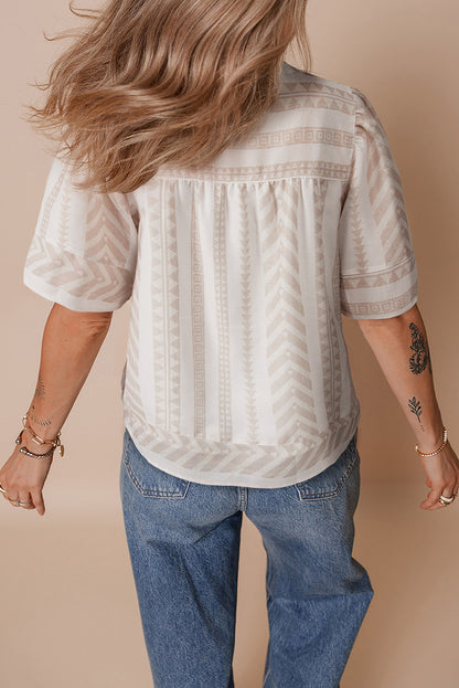 Jet Stream Geometric Jacquard Split V Nek Korte mouw Blouse