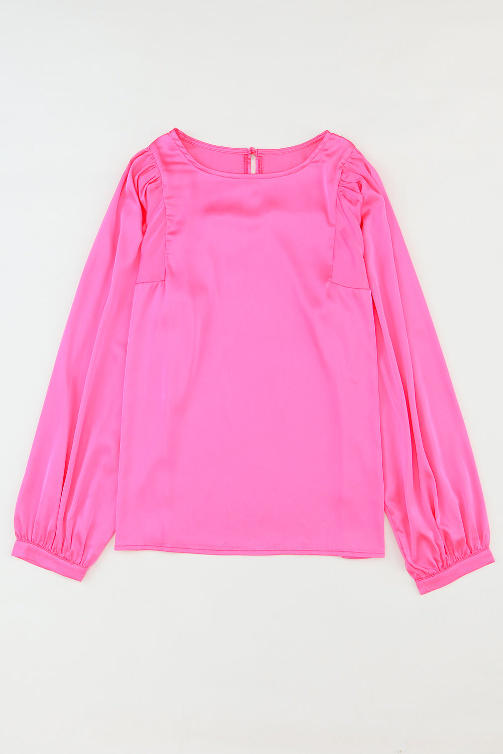 Roze satijnen blouse met ronde hals en lange mouwen