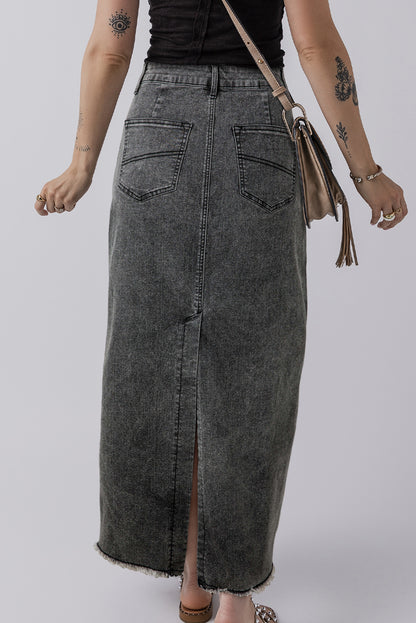 Donkergrijze denim rauwe terug split split hoge taille lange rok