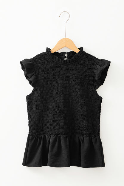 Zwarte ruche korte mouw shirred peplum top