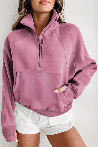 Smoke Green Fleece Lined Zip Up Stand Collar Thumbhole Sleeve Sweatshirt