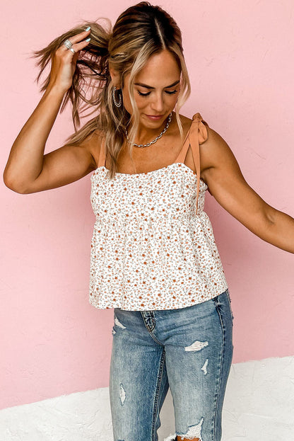 Witte babydoll-tanktop met gebonden schouder en bloemenprint