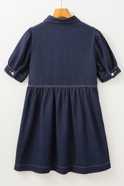 Vuil blauw ritssluiting met collared collared short puff mouw denimjurk