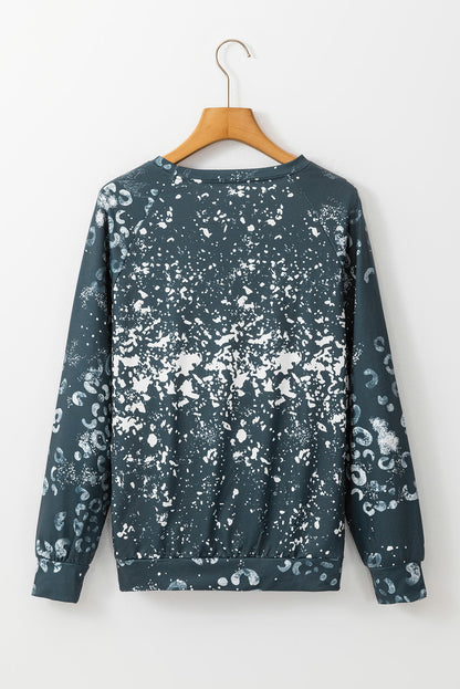 Blauwe luipaard gebleekte raglanmouw ronde hals sweatshirt