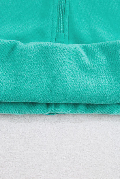 Smoke Green Fleece Lined Zip Up Stand Collar Thumbhole Sleeve Sweatshirt