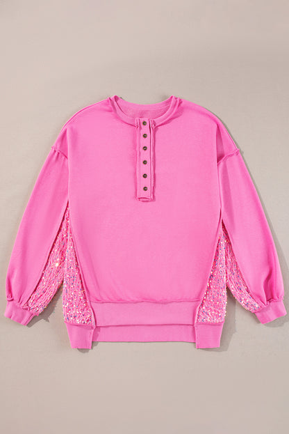Lilac Sequin Patchwork High Low Hem Henley Sweatshirt
