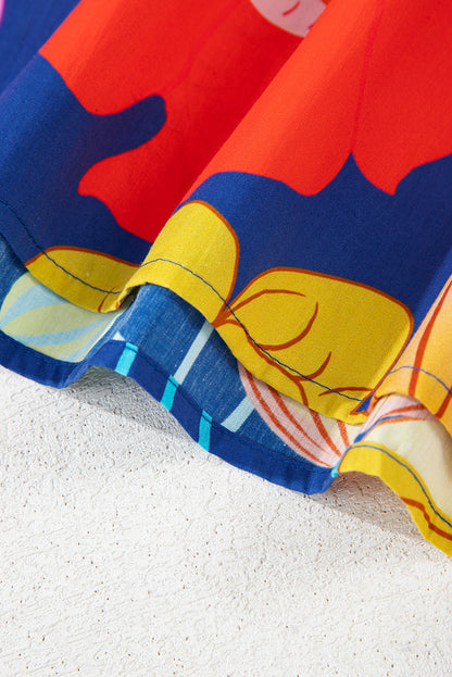 Donkerblauwe bloemenprint split nek babydoll jurk