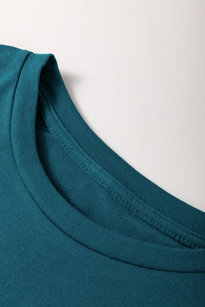 Blauwe saffier massief kleur tandenstoker streep ronde nek t -shirt