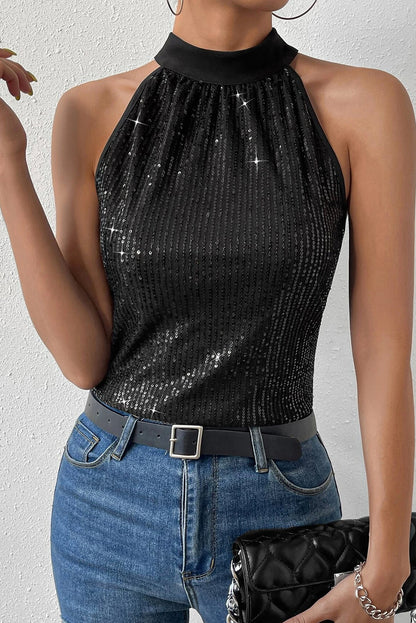 Zwarte tanktop met sleutelgat en lovertjes op de rug