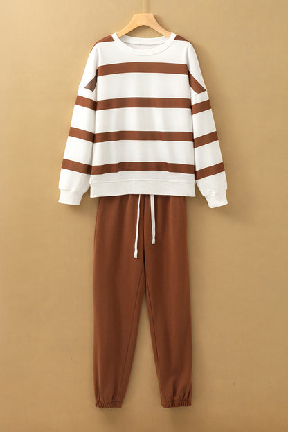 Bruine streep gestreepte druppel schouderpullover en jogger broek set