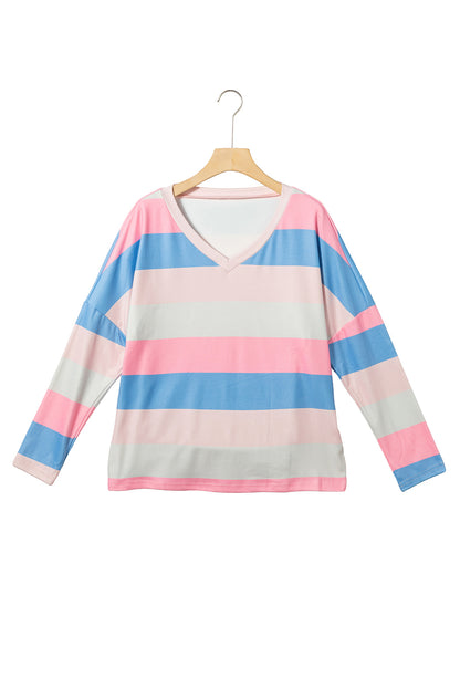 Roze contrasterende gestreepte top met V-hals en lange mouwen