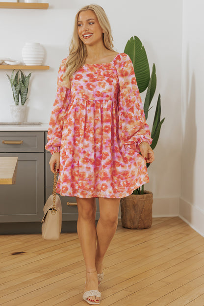 Rose Floral Print Square Neck High Taille Mini Dress