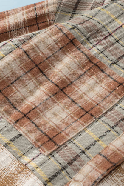 Bruin multi-geruit casual overhemd met ruwe rand en patchwork