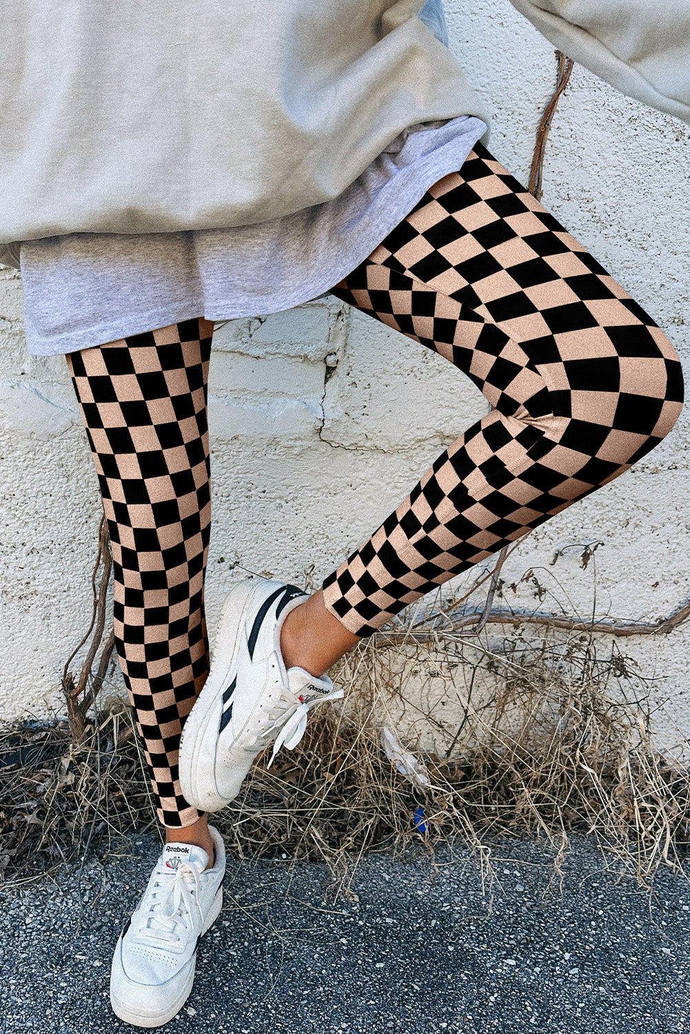 Khaki geruite patroon hoge taille magere leggings