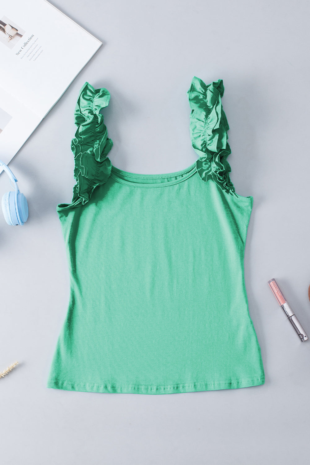 Mintgroene slanke tanktop met ruches en brede bandjes