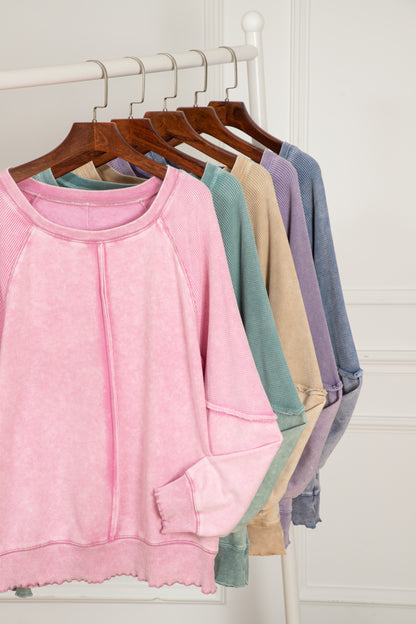 Zeil blauw massief wafel gebreide patchwork raglan mouw sweatshirt