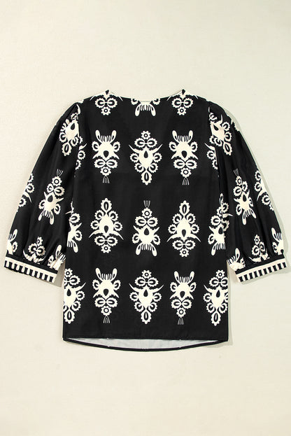 Orange Vintage Geometric Printed 3/4 Sleeve V Neck Blouse