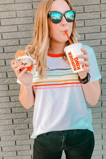 Witte regenboogstreep print contrast crewneck t -shirt