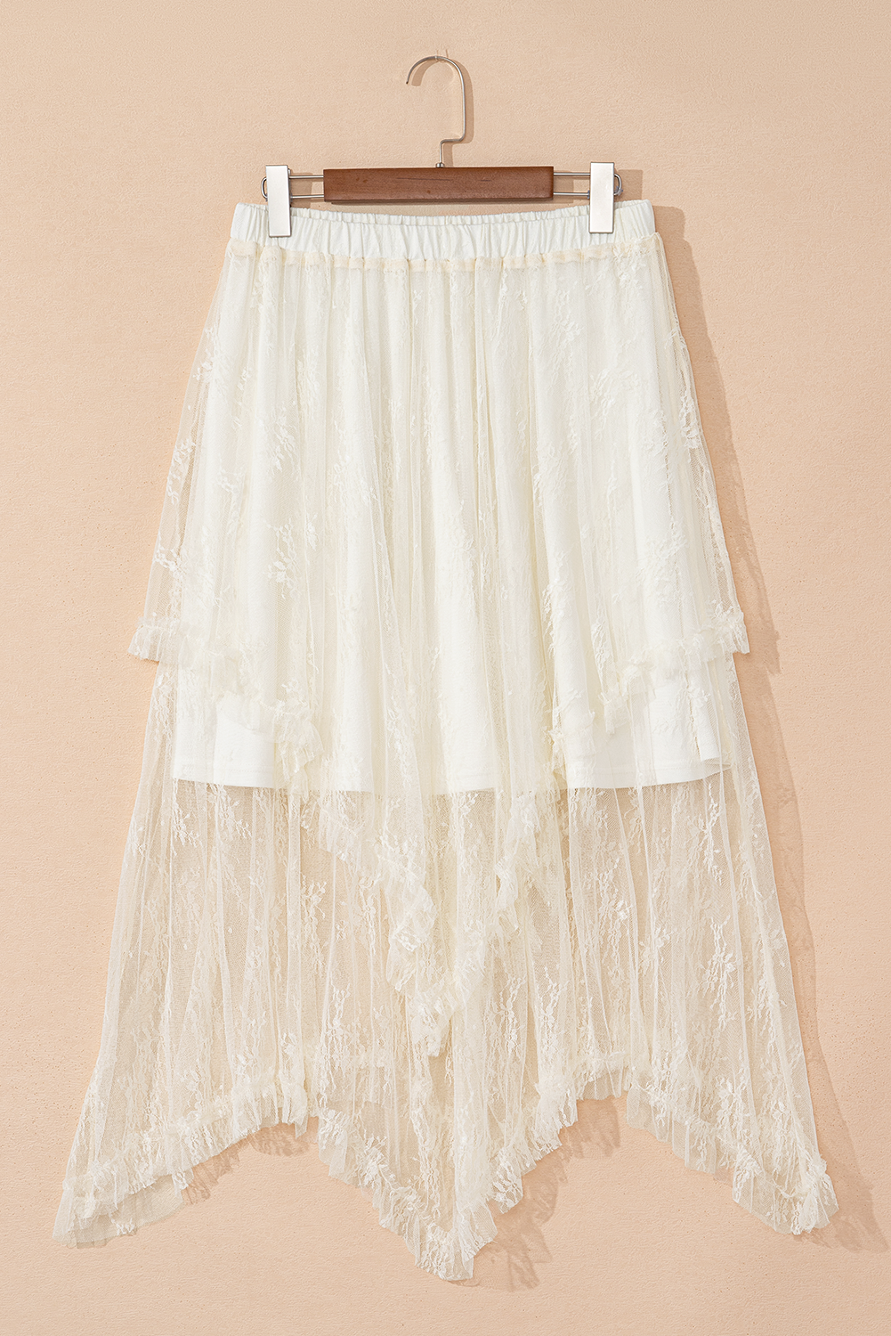 Beige Lace Cascading Tiered High Taille Maxi Rok
