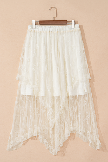 Beige Lace Cascading Tiered High Taille Maxi Rok