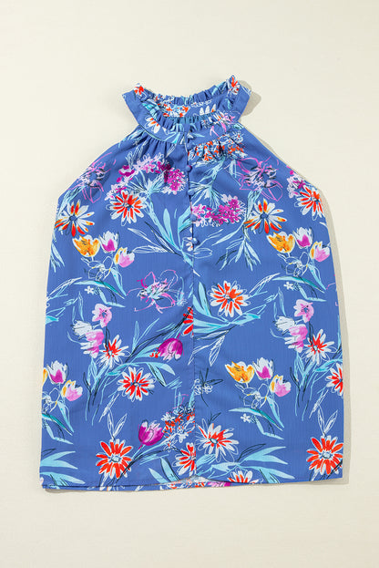 Hemelsblauwe tanktop met bloemenprint en knoopsluiting