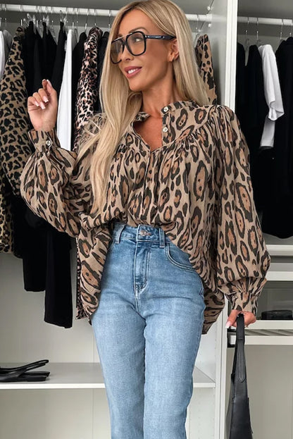 Licht Frans beige oversized luipaard print ballon mouw casual shirt
