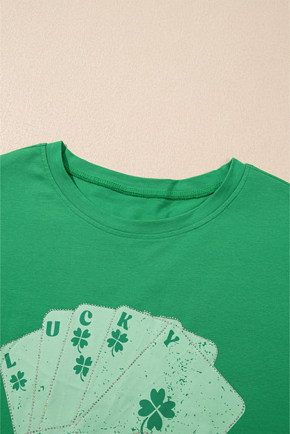 Bright Green Rhinestone Lucky Poker Cards extra grote T -shirt mini -jurk