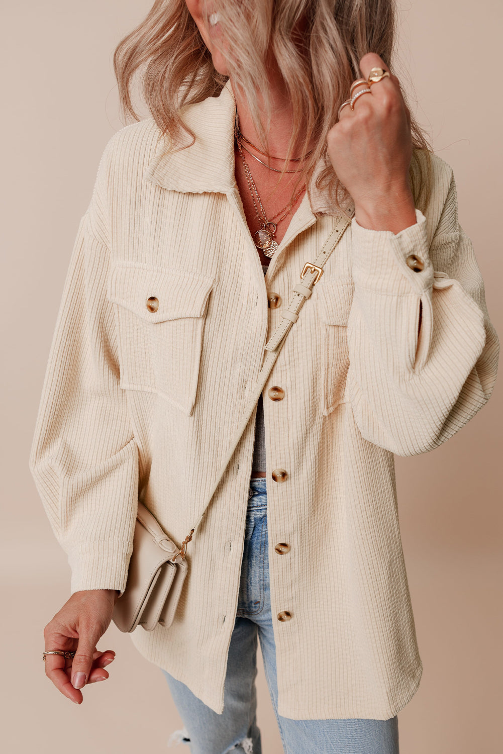 Havermout Corduroy Flap Pocket Button Up Shacket
