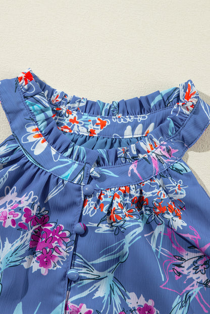 Hemelsblauwe tanktop met bloemenprint en knoopsluiting