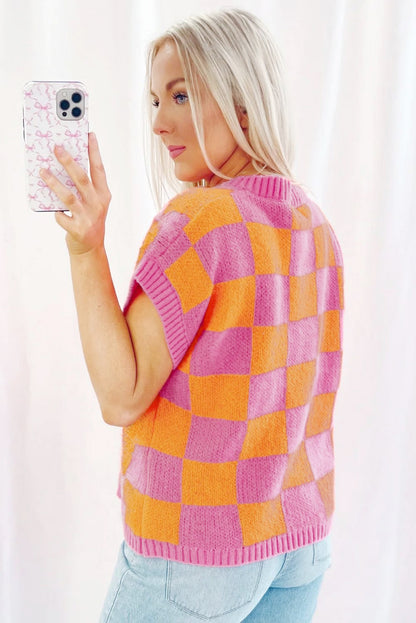 Aardbeienroze colorblock geruite tanktop met geribbelde rand