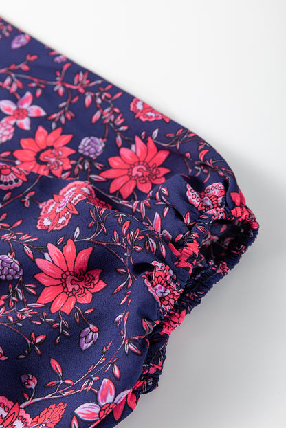 Paarse bloemen halve mouw splithals blouse top
