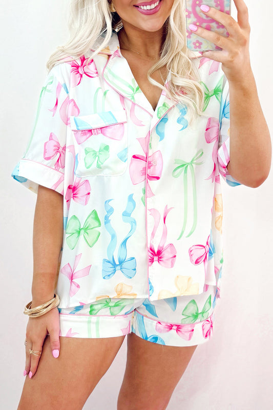 White bowknot print buttoned shirt High taille shorts pyjama set