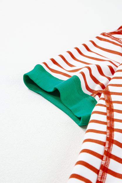 Oranje gestreept oversized contrasterende rand met zichtbare naad, hoog laag T-shirt