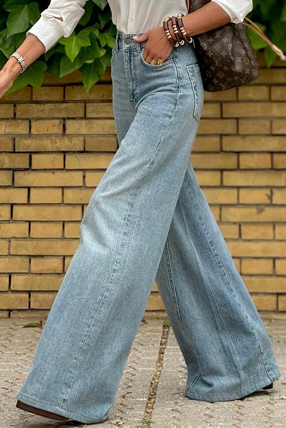 Dusk Blue Acid Wash Extra wijde pijpen, lange jeans met hoge taille