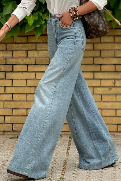 Dusk Blue Acid Wash Extra wijde pijpen, lange jeans met hoge taille