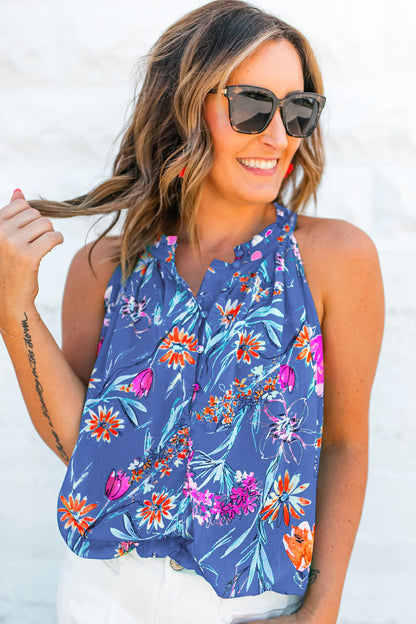 Hemelsblauwe tanktop met bloemenprint en knoopsluiting