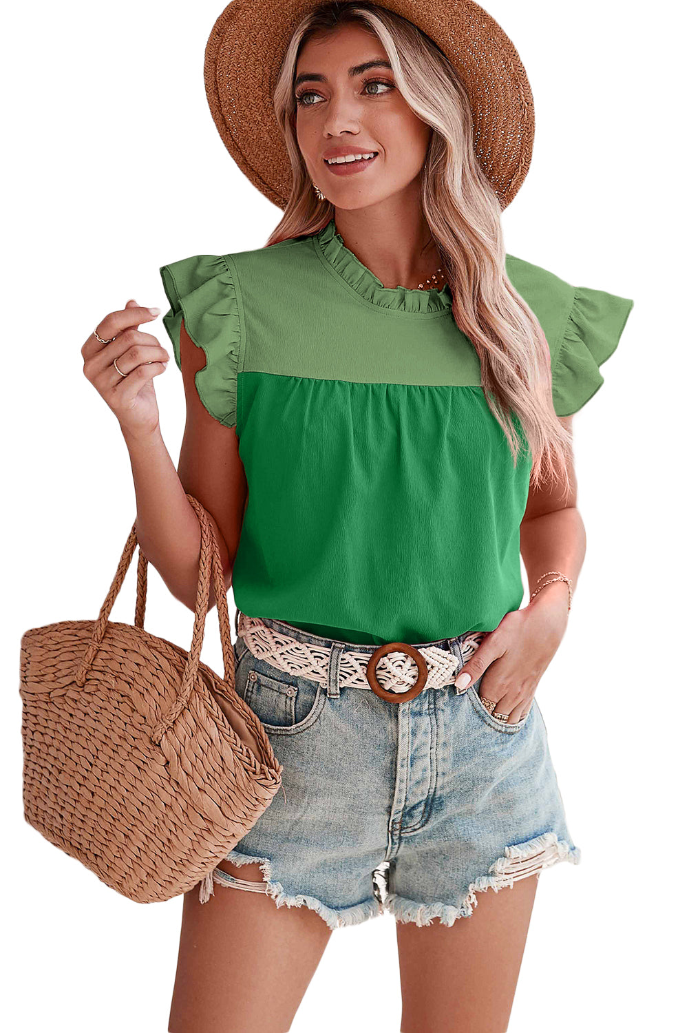 Heldergroene tweekleurige blouse met ruches en fladdermouwen
