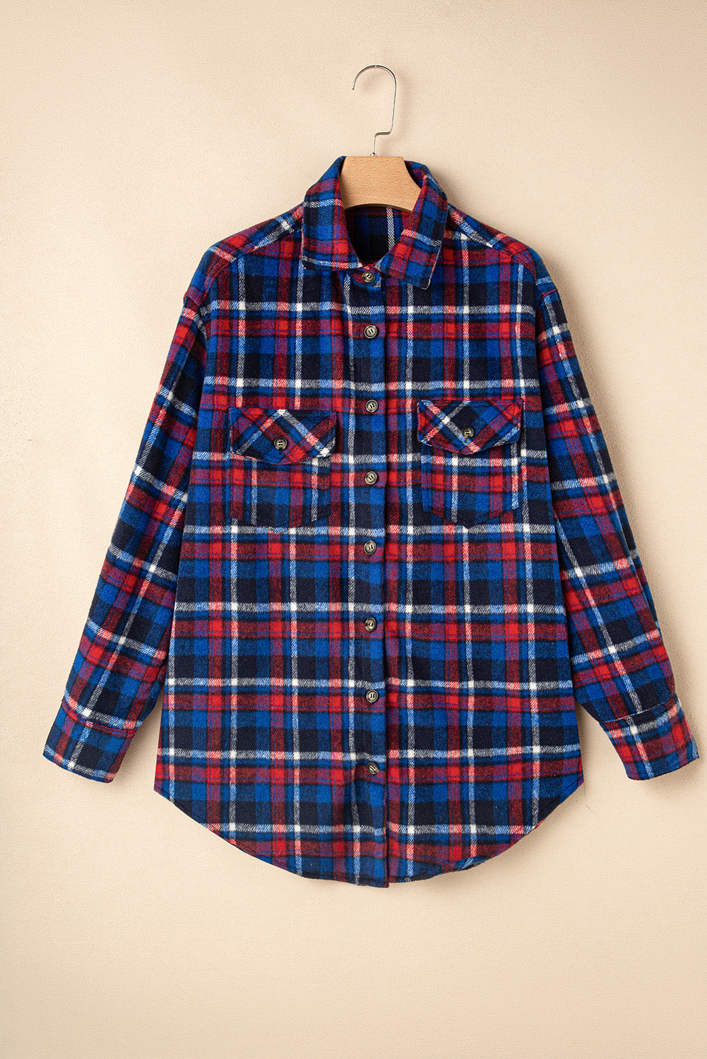 Marineblauwe plaid flap zak knop omhoog shacket