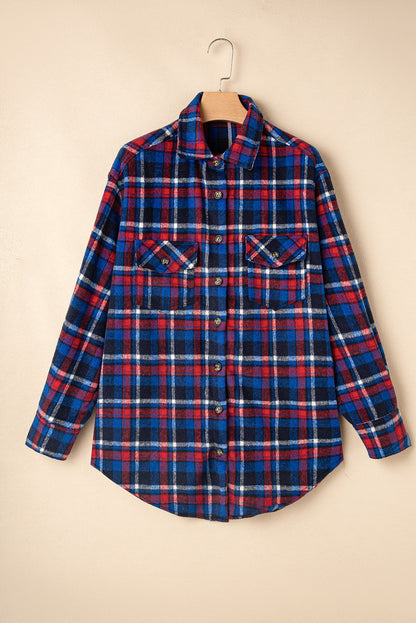 Marineblauwe plaid flap zak knop omhoog shacket